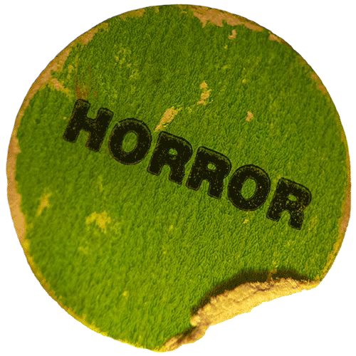 Faded green sticker with horror written in black font